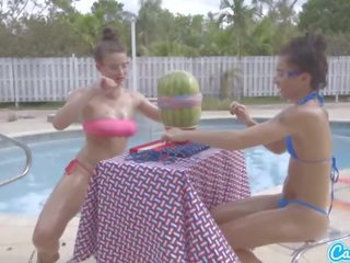Camsoda teens with big ass and big tits go into a watermelon explode with rubber ba