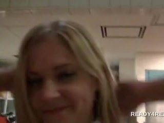 Attractive blonde gets paid to flash pussy and