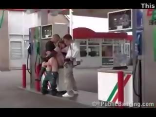 Public public sex film threesome with a pregnant woman at a gas