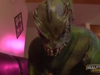 Little superior brunette fucked hard by youth with monster costume