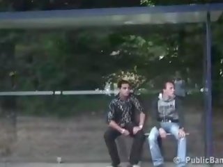 Public xxx video extreme bus stop threesome